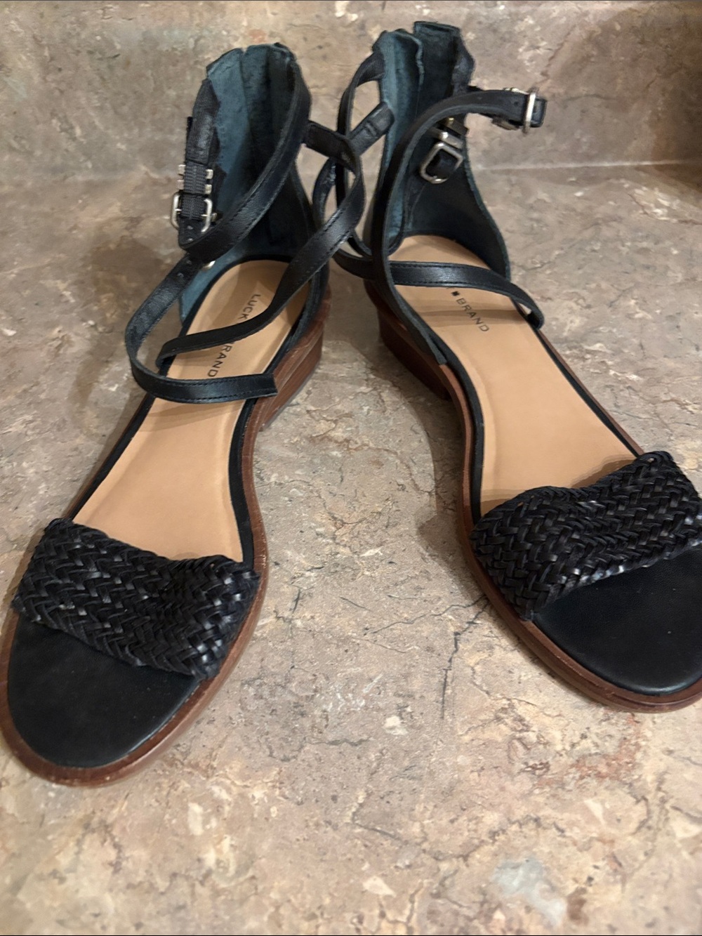 Lucky Brand Black Woven Front Ankle-Strap Sandals